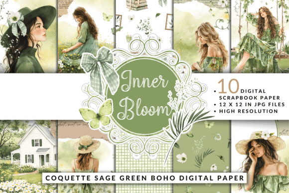 Download Coquette Sage Green Boho Digital Paper - Boho digital paper Collection
